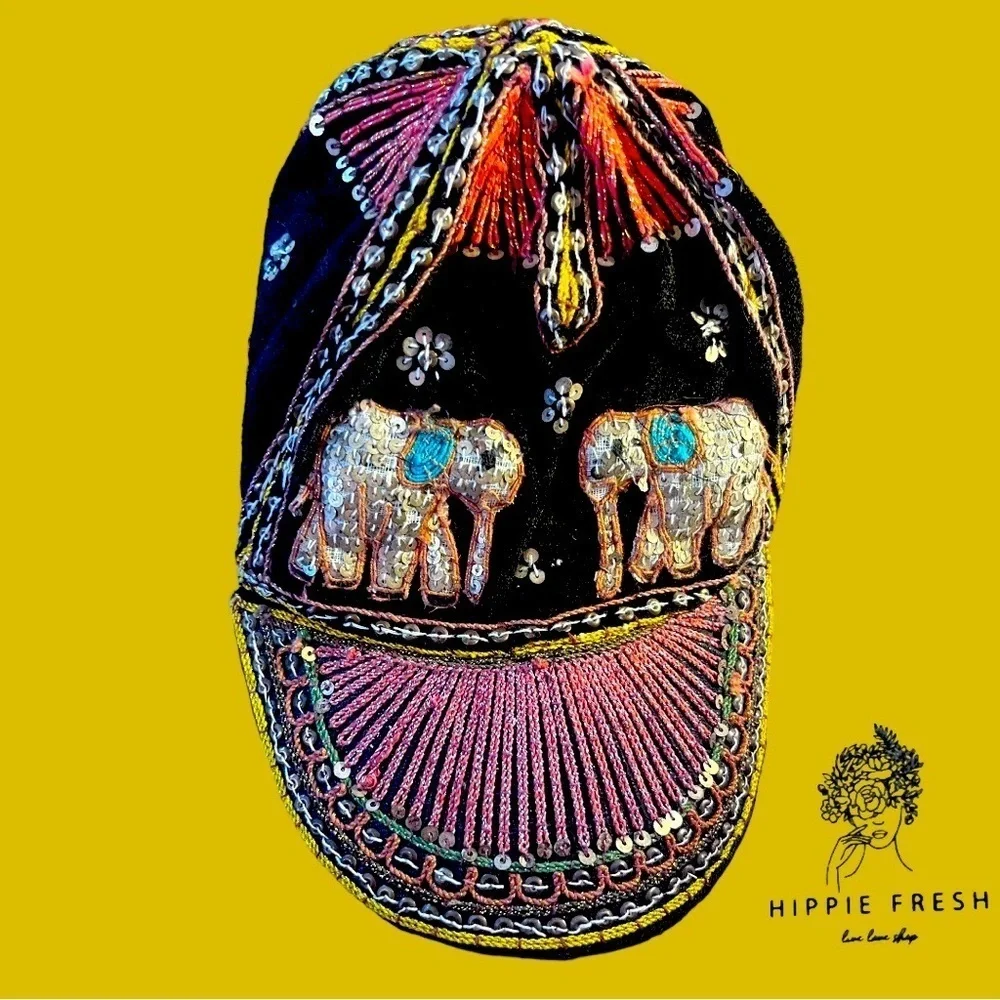 Embroidered Elephant Black Cap